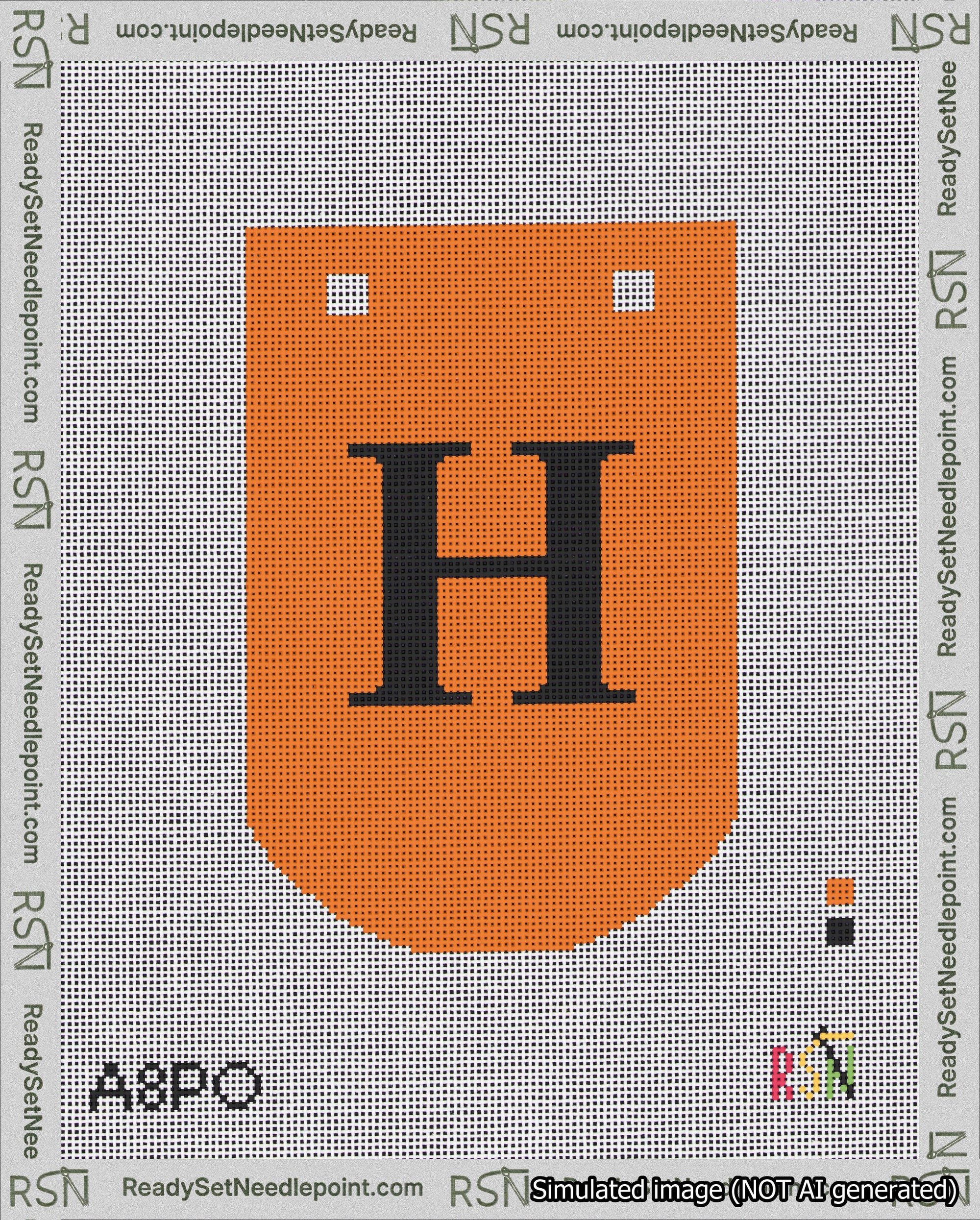 A taped needlepoint canvas with the design: Banner 18 mesh count Curved H Black on Orange.