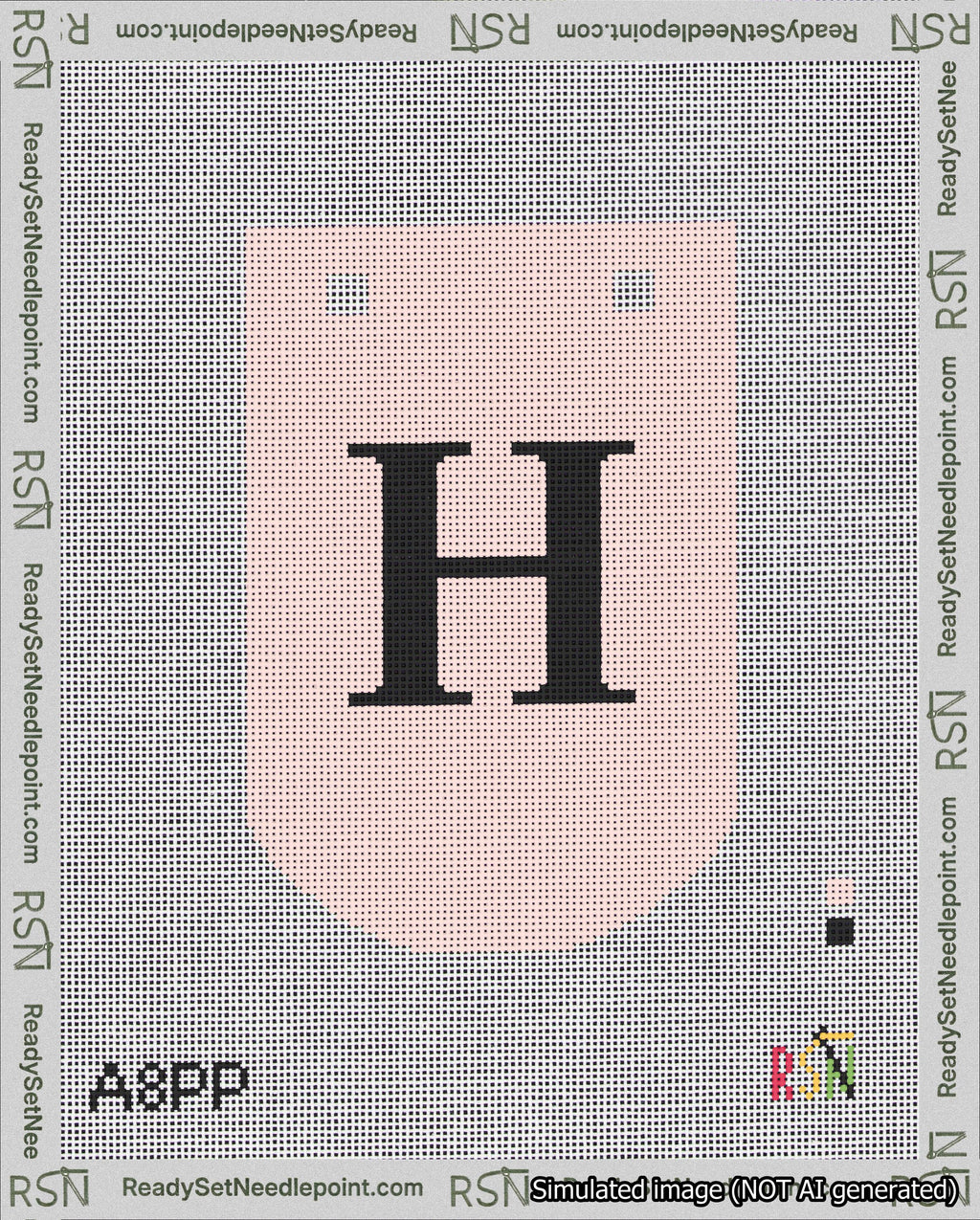 A taped needlepoint canvas with the design: Banner 18 mesh count Curved H Black on Pink.