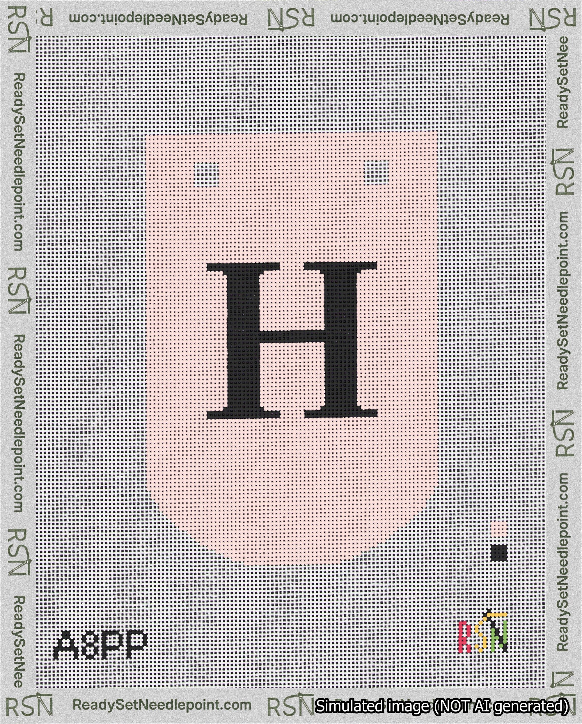 A taped needlepoint canvas with the design: Banner 18 mesh count Curved H Black on Pink.