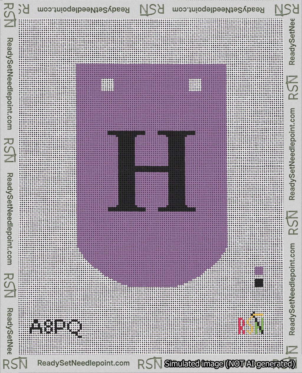 A taped needlepoint canvas with the design: Banner 18 mesh count Curved H Black on Purple.
