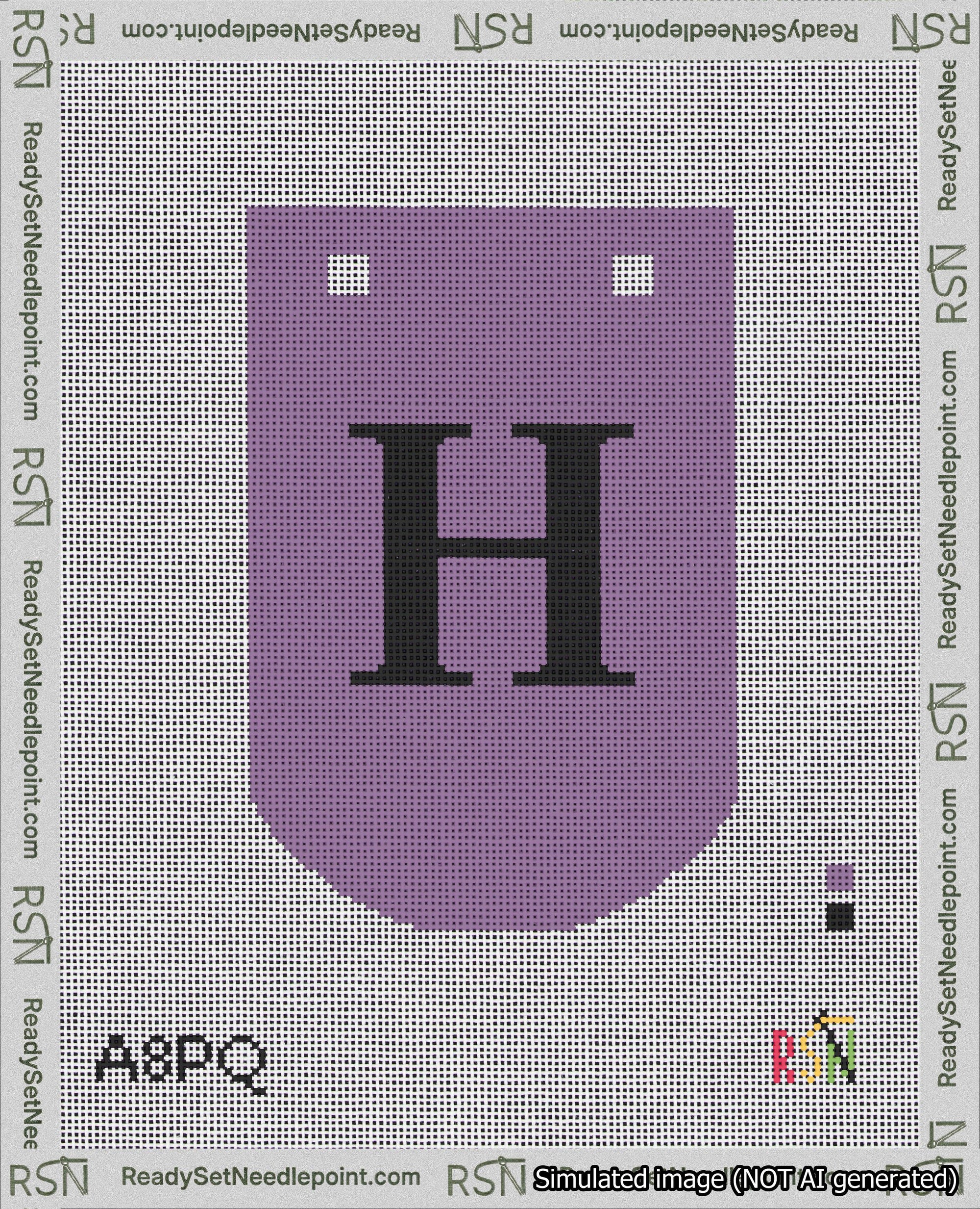 A taped needlepoint canvas with the design: Banner 18 mesh count Curved H Black on Purple.