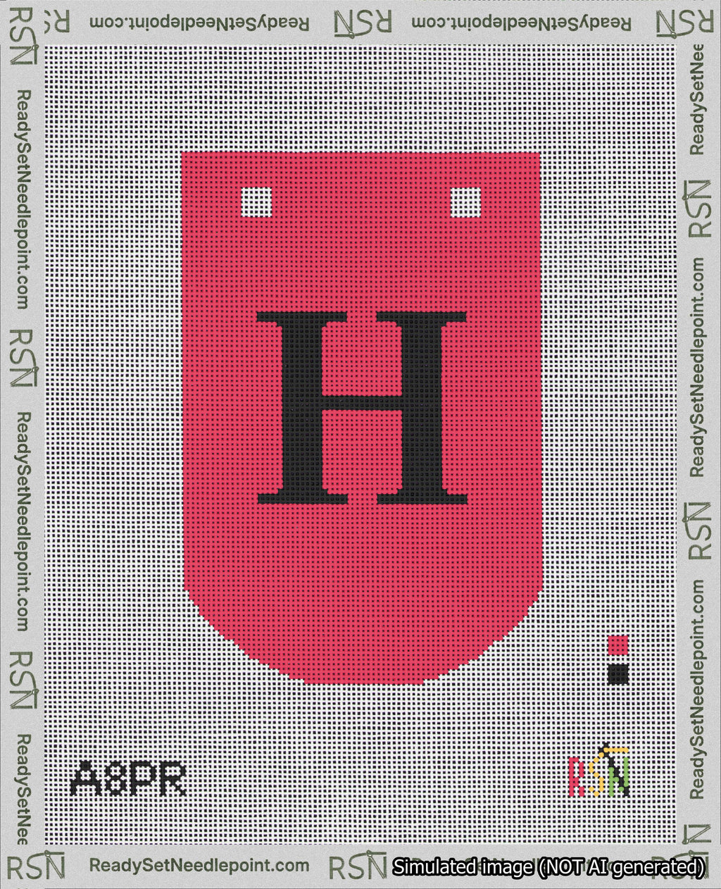 A taped needlepoint canvas with the design: Banner 18 mesh count Curved H Black on Red.