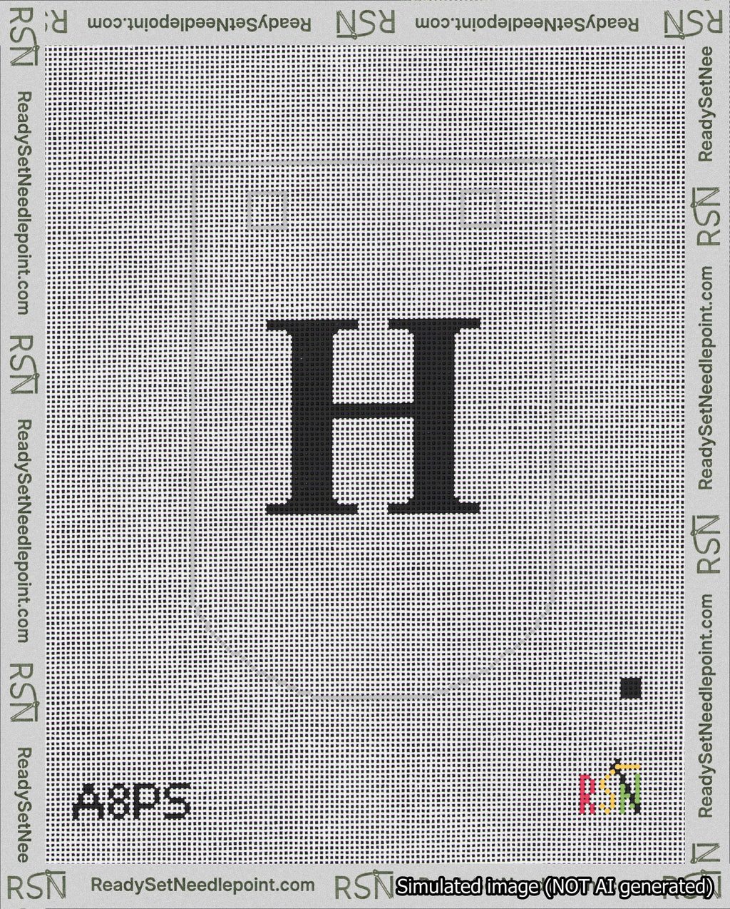 A taped needlepoint canvas with the design: Banner 18 mesh count Curved H Black on White.