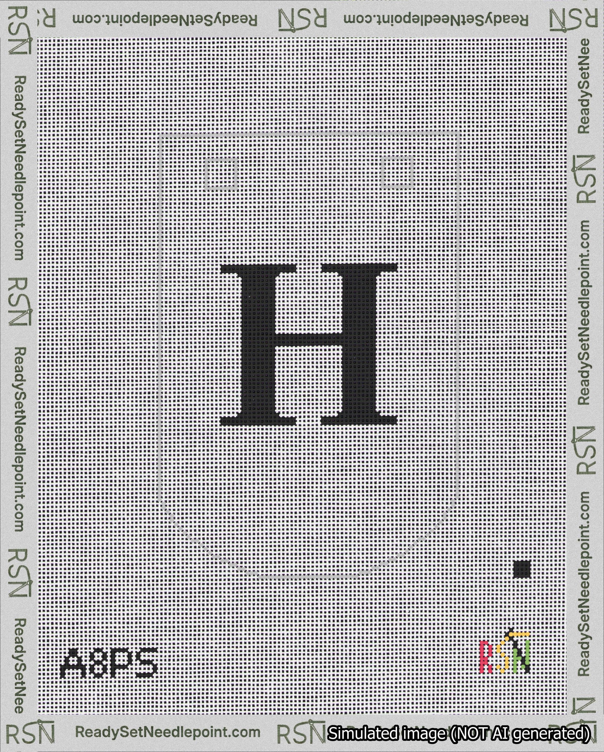 A taped needlepoint canvas with the design: Banner 18 mesh count Curved H Black on White.
