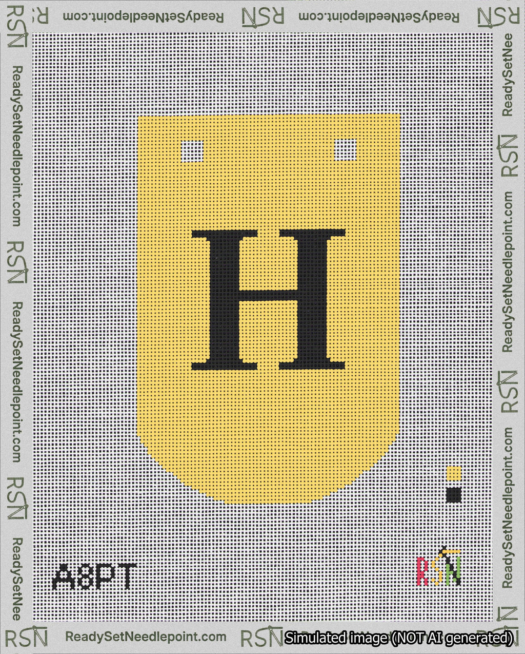 A taped needlepoint canvas with the design: Banner 18 mesh count Curved H Black on Yellow.