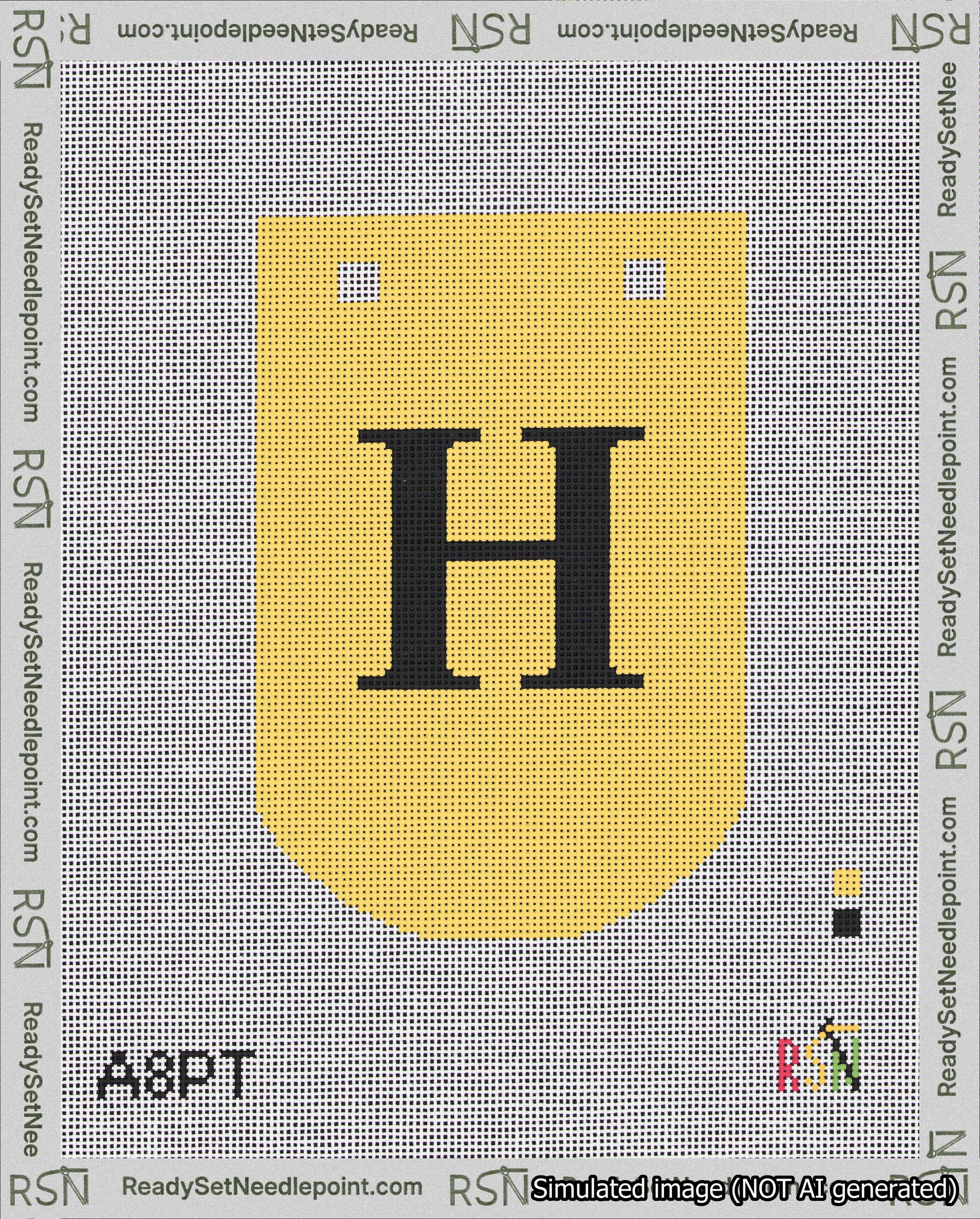 A taped needlepoint canvas with the design: Banner 18 mesh count Curved H Black on Yellow.