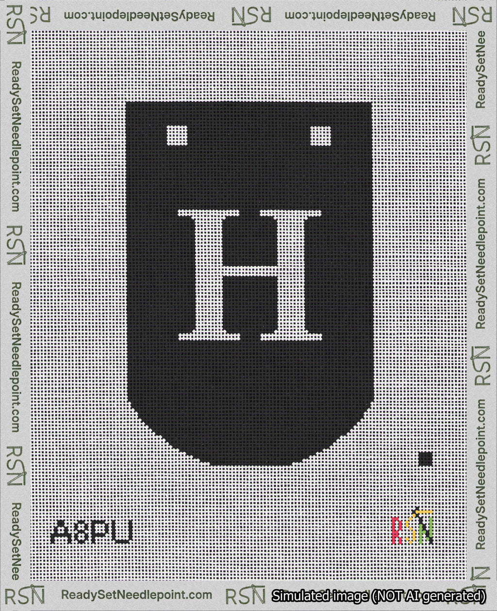 A taped needlepoint canvas with the design: Banner 18 mesh count Curved H White on Black.