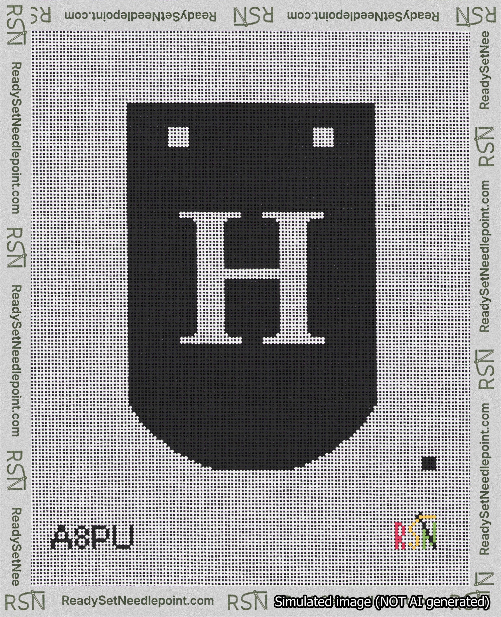 A taped needlepoint canvas with the design: Banner 18 mesh count Curved H White on Black.