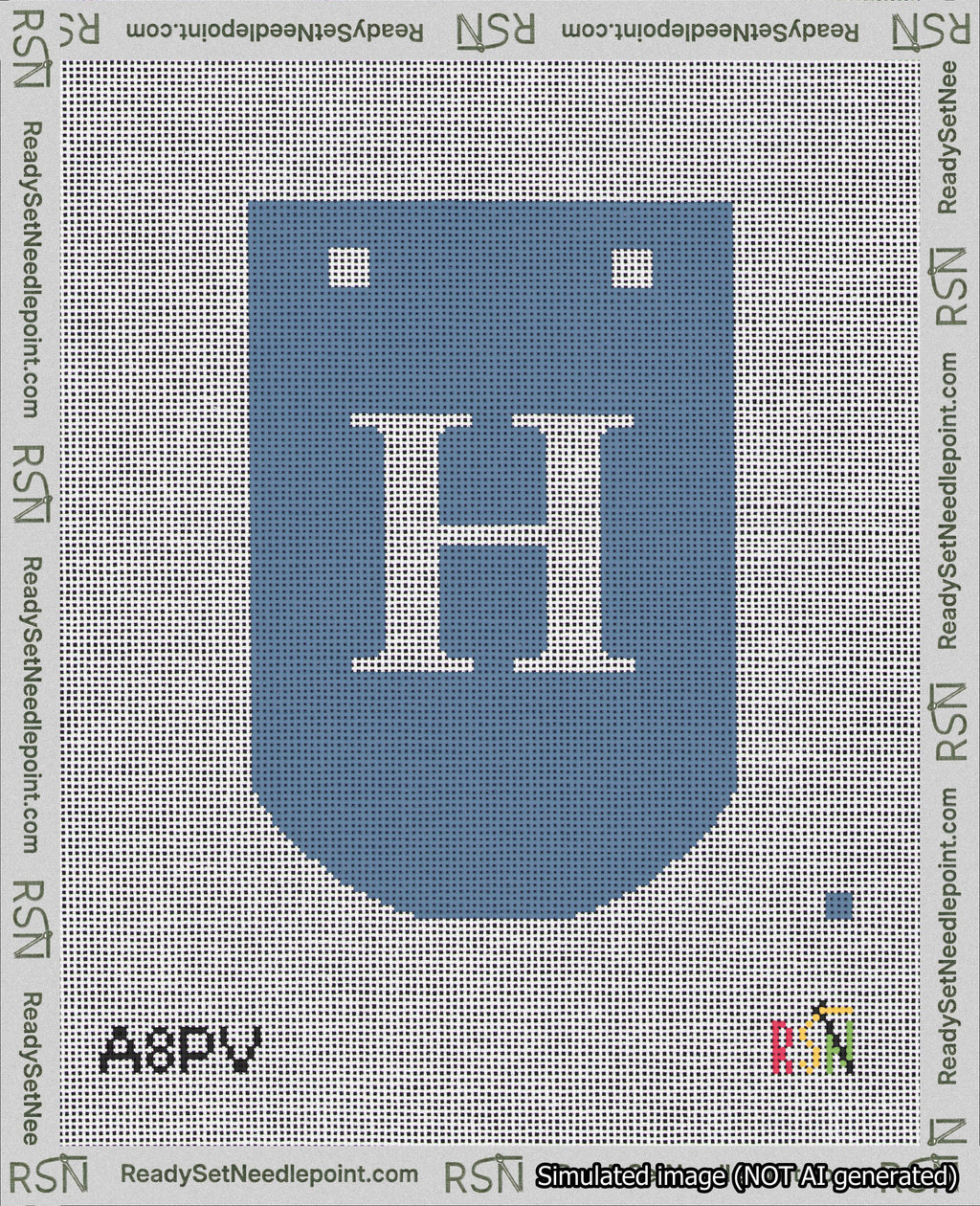 A taped needlepoint canvas with the design: Banner 18 mesh count Curved H White on Blue.