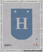 A taped needlepoint canvas with the design: Banner 18 mesh count Curved H White on Blue.