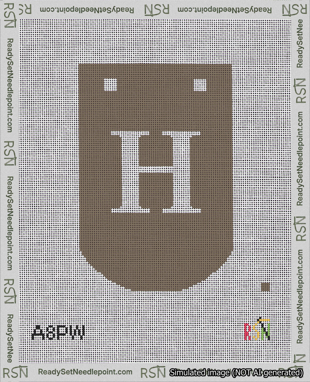 A taped needlepoint canvas with the design: Banner 18 mesh count Curved H White on Brown.