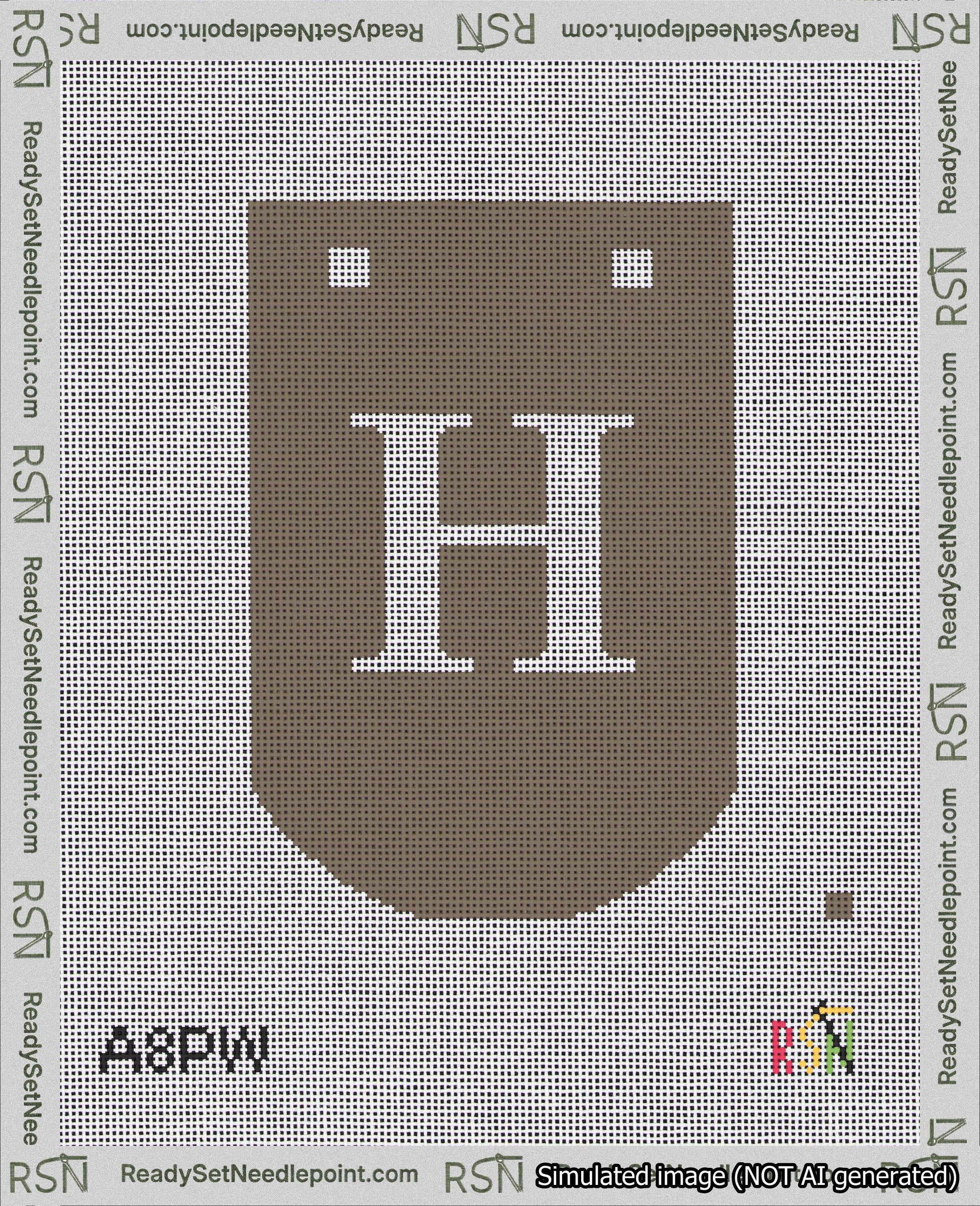 A taped needlepoint canvas with the design: Banner 18 mesh count Curved H White on Brown.