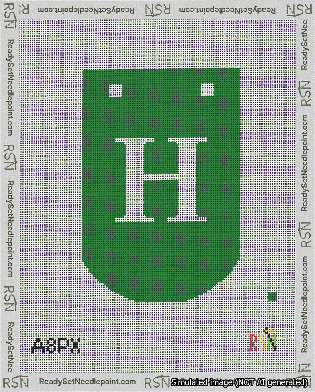 A taped needlepoint canvas with the design: Banner 18 mesh count Curved H White on Green.