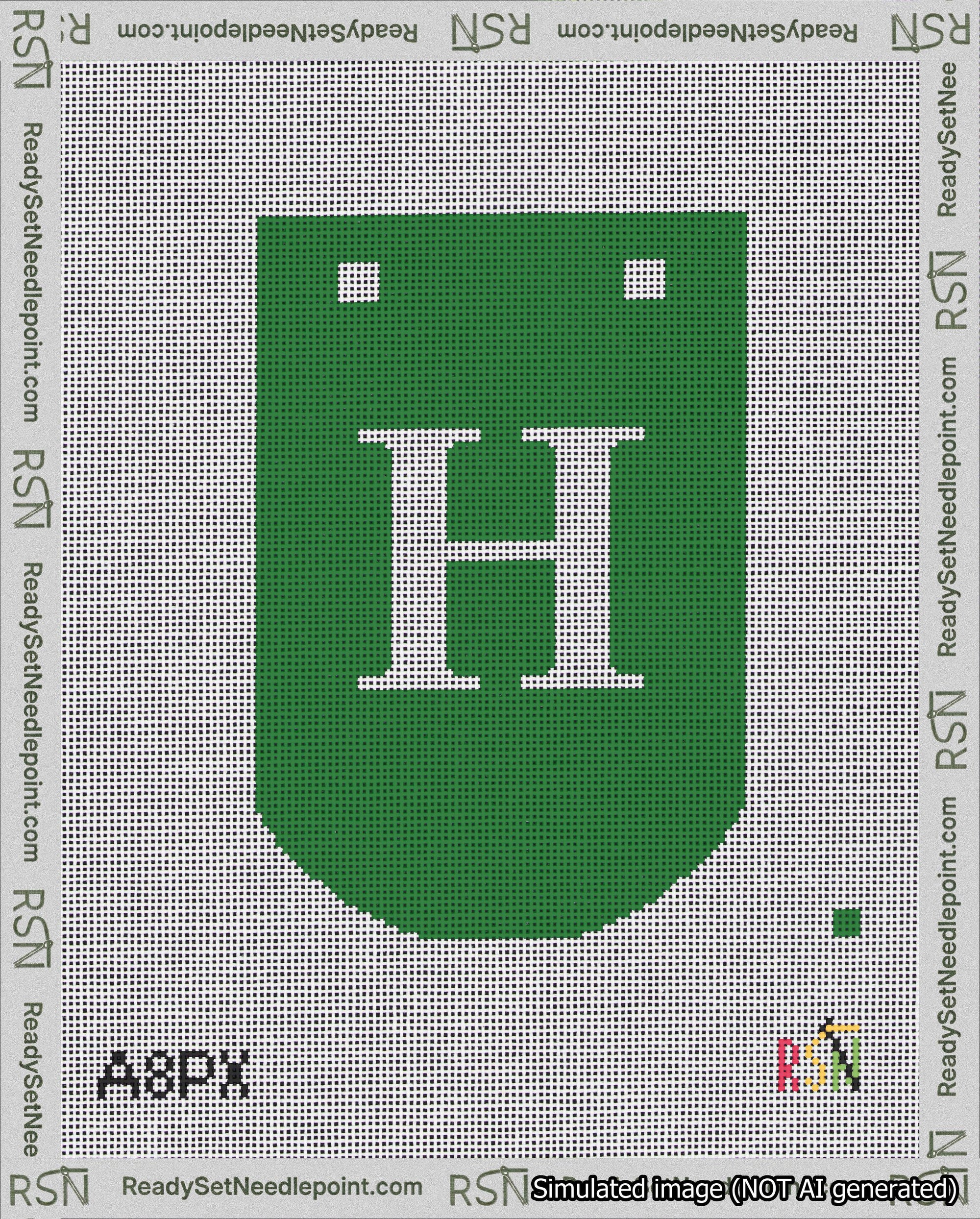 A taped needlepoint canvas with the design: Banner 18 mesh count Curved H White on Green.