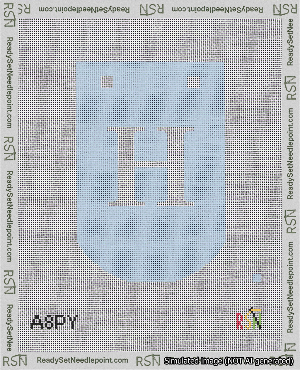 A taped needlepoint canvas with the design: Banner 18 mesh count Curved H White on Light Blue.