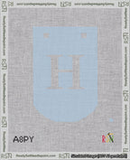 A taped needlepoint canvas with the design: Banner 18 mesh count Curved H White on Light Blue.