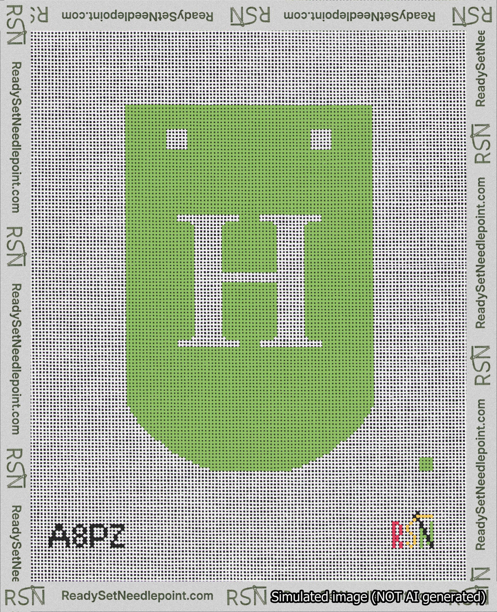 A taped needlepoint canvas with the design: Banner 18 mesh count Curved H White on Light Green.