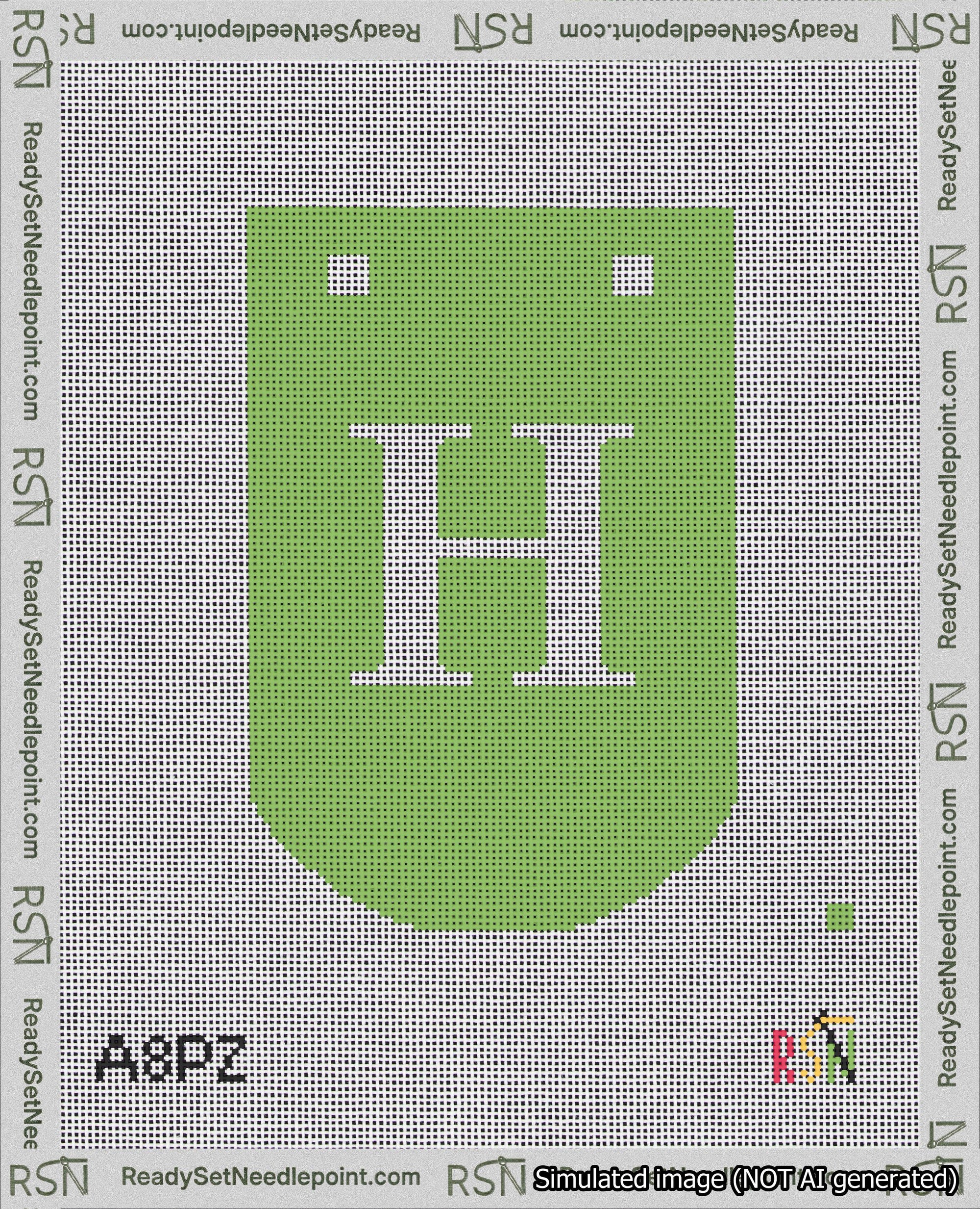 A taped needlepoint canvas with the design: Banner 18 mesh count Curved H White on Light Green.