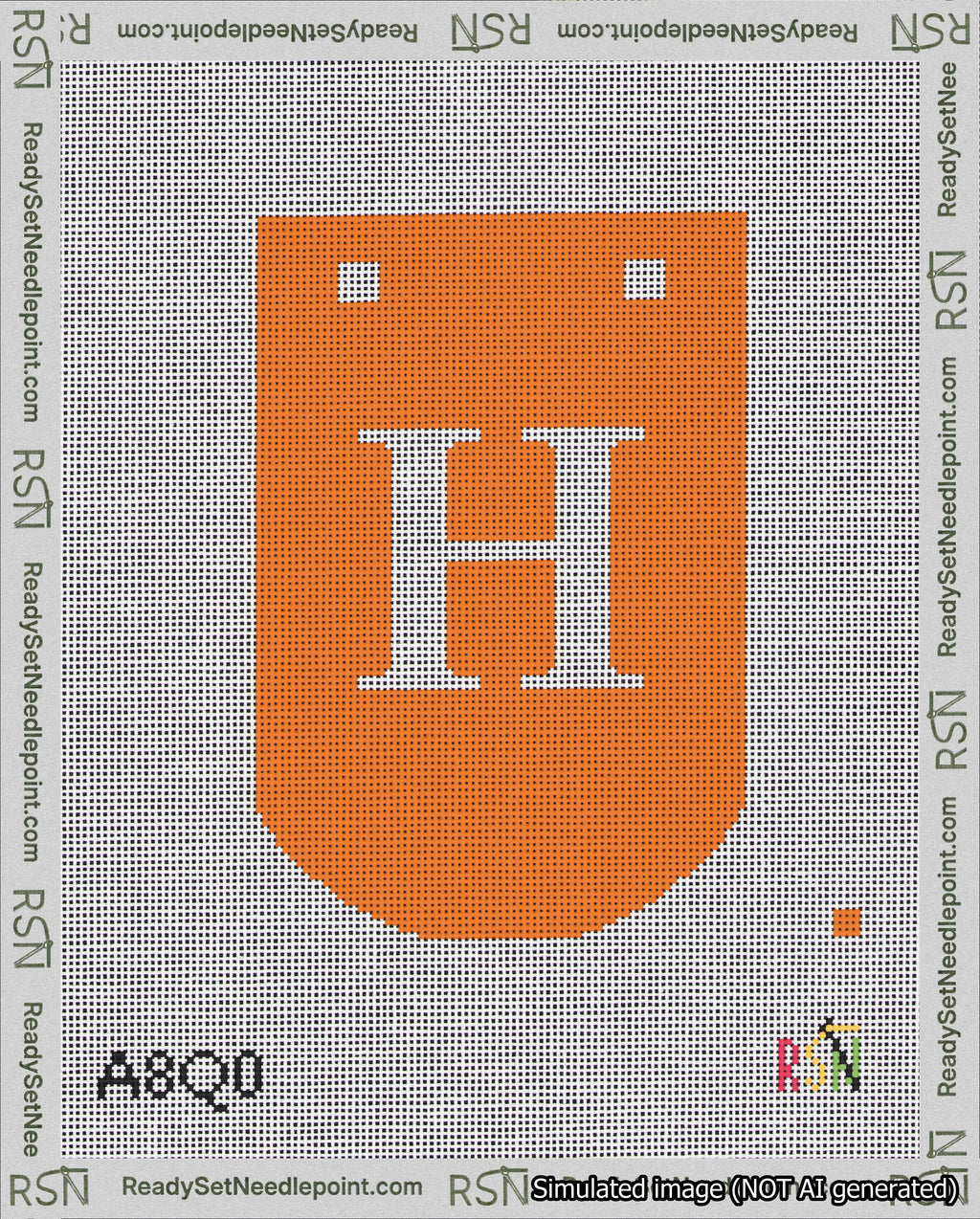 A taped needlepoint canvas with the design: Banner 18 mesh count Curved H White on Orange.