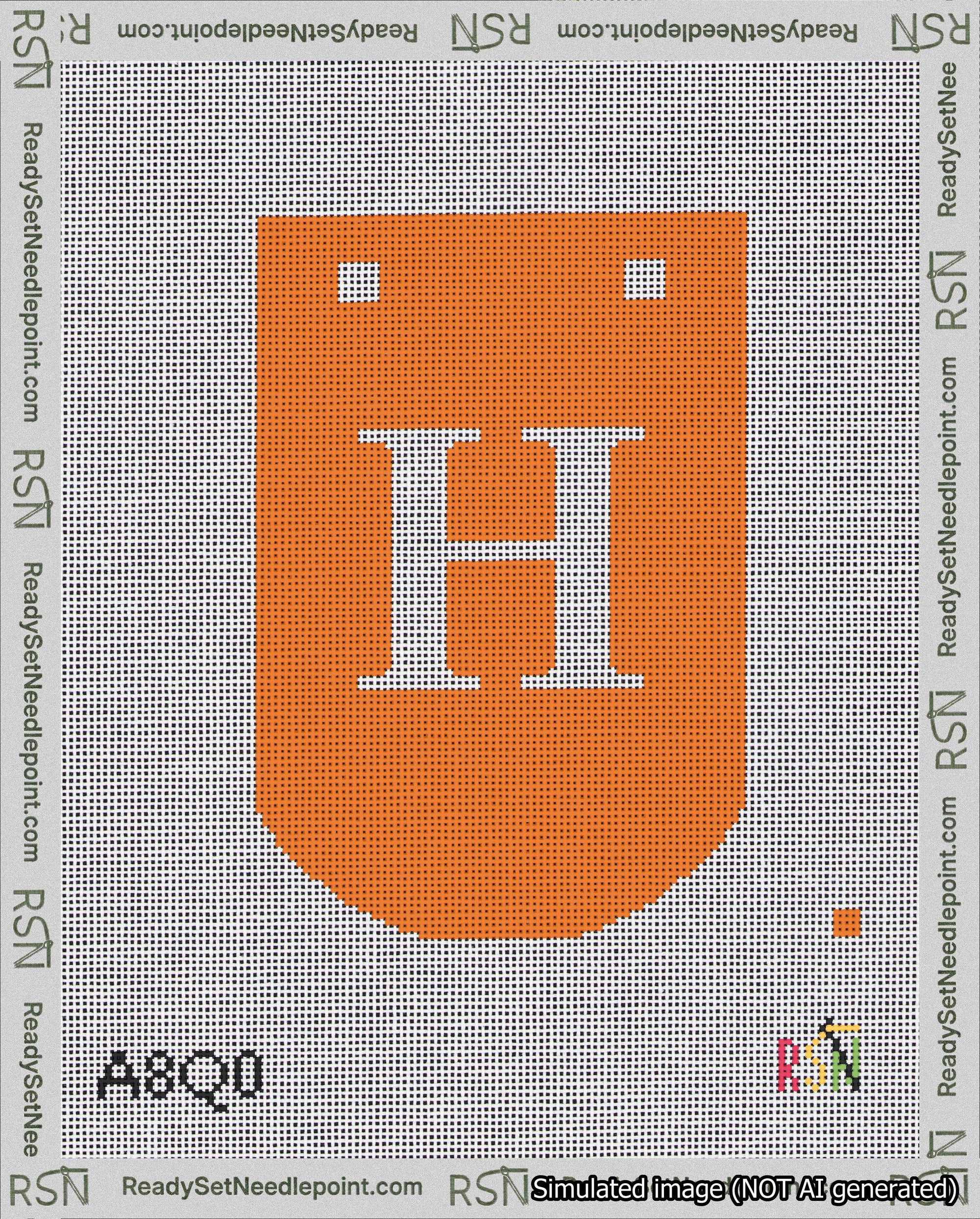 A taped needlepoint canvas with the design: Banner 18 mesh count Curved H White on Orange.