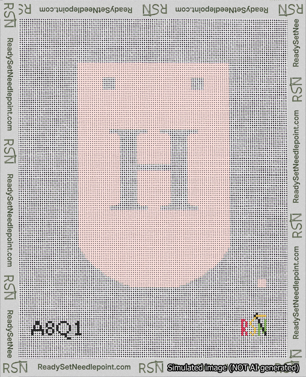 A taped needlepoint canvas with the design: Banner 18 mesh count Curved H White on Pink.