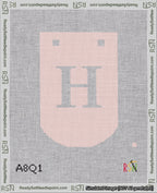 A taped needlepoint canvas with the design: Banner 18 mesh count Curved H White on Pink.