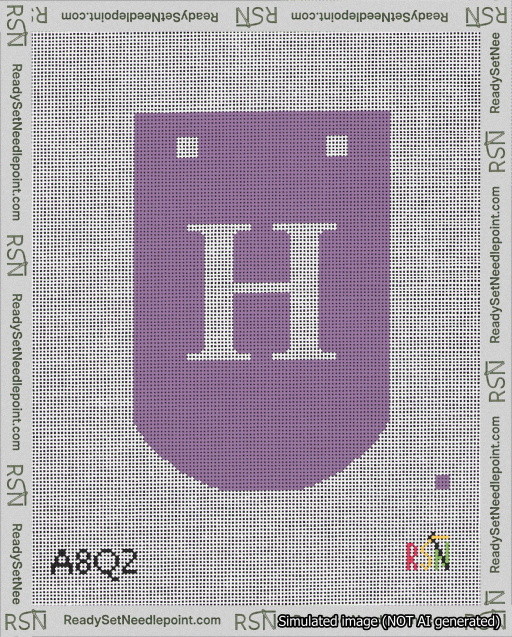 A taped needlepoint canvas with the design: Banner 18 mesh count Curved H White on Purple.