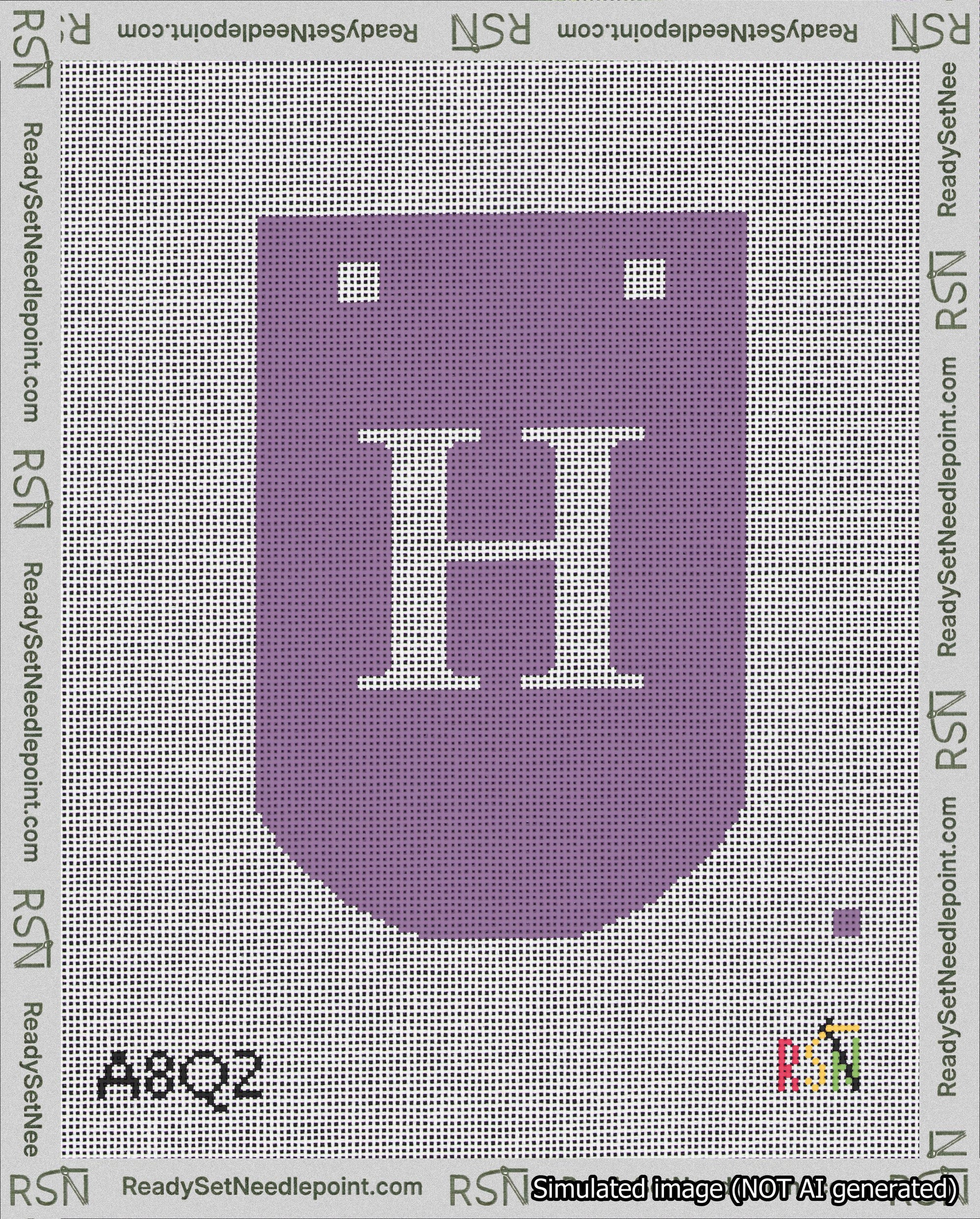 A taped needlepoint canvas with the design: Banner 18 mesh count Curved H White on Purple.