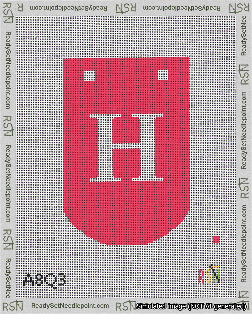 A taped needlepoint canvas with the design: Banner 18 mesh count Curved H White on Red.