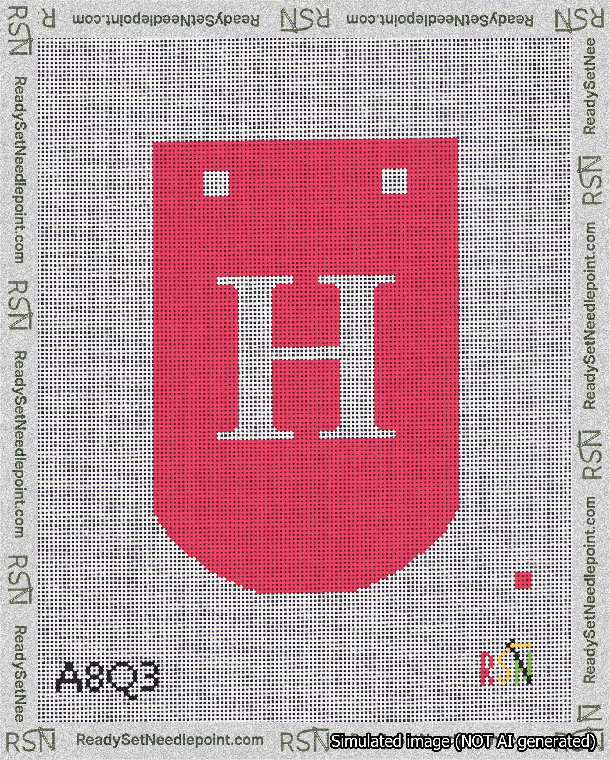 A taped needlepoint canvas with the design: Banner 18 mesh count Curved H White on Red.