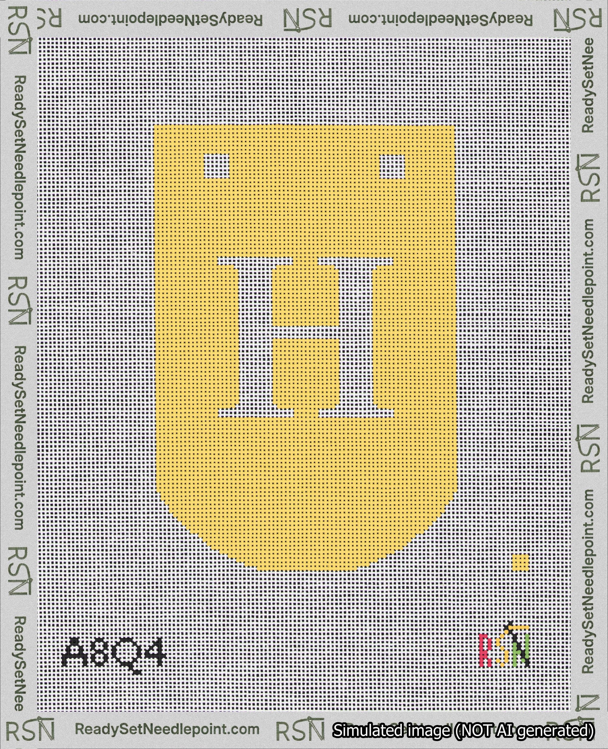 A taped needlepoint canvas with the design: Banner 18 mesh count Curved H White on Yellow.