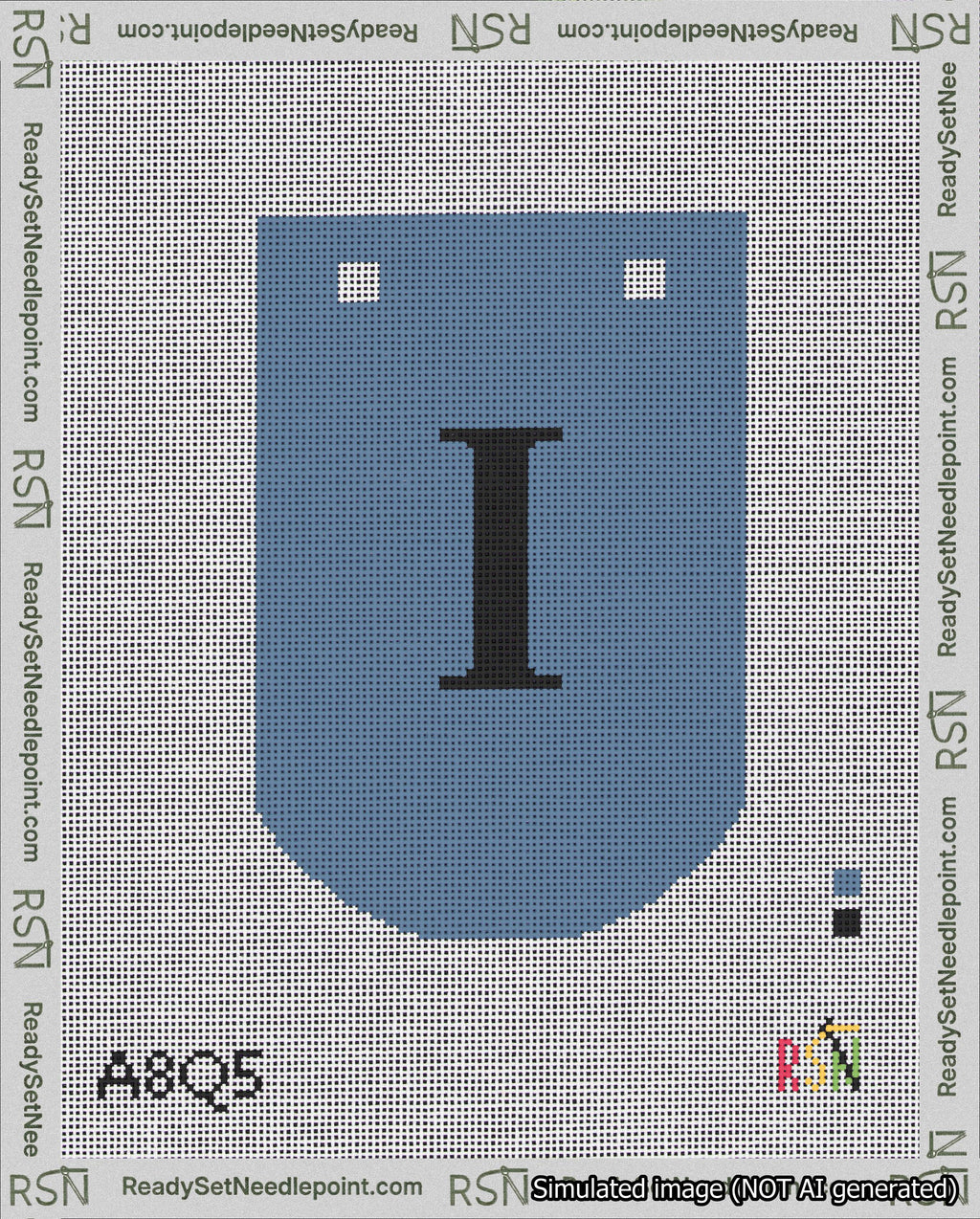 A taped needlepoint canvas with the design: Banner 18 mesh count Curved I Black on Blue.