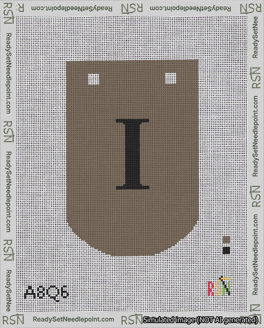 A taped needlepoint canvas with the design: Banner 18 mesh count Curved I Black on Brown.