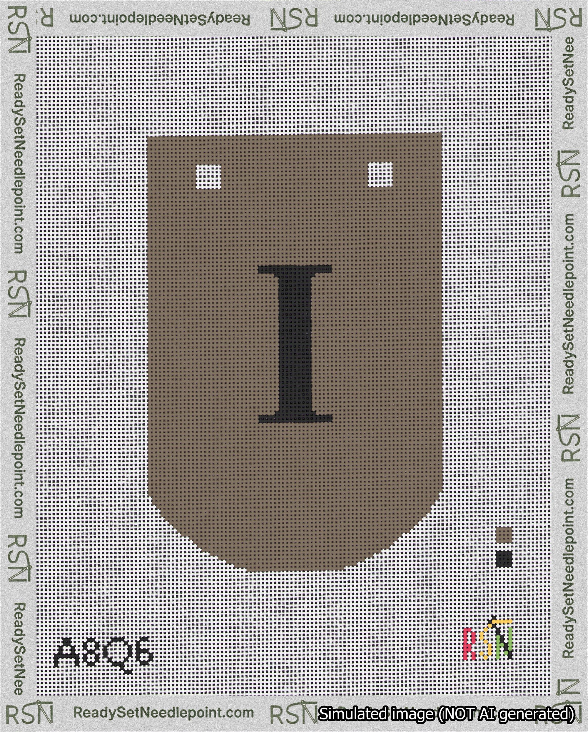 A taped needlepoint canvas with the design: Banner 18 mesh count Curved I Black on Brown.