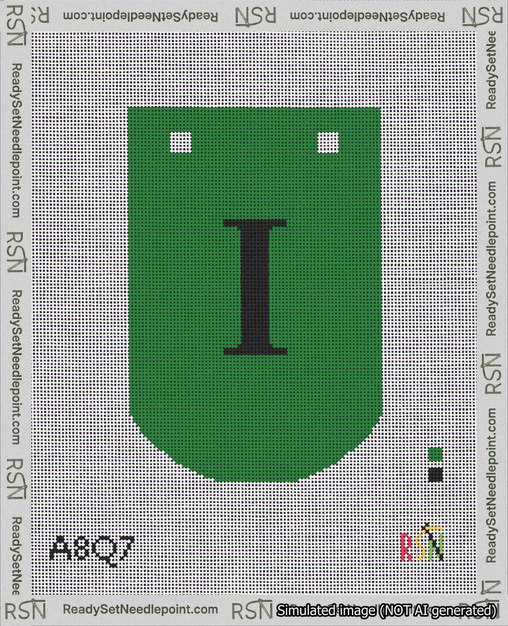 A taped needlepoint canvas with the design: Banner 18 mesh count Curved I Black on Green.
