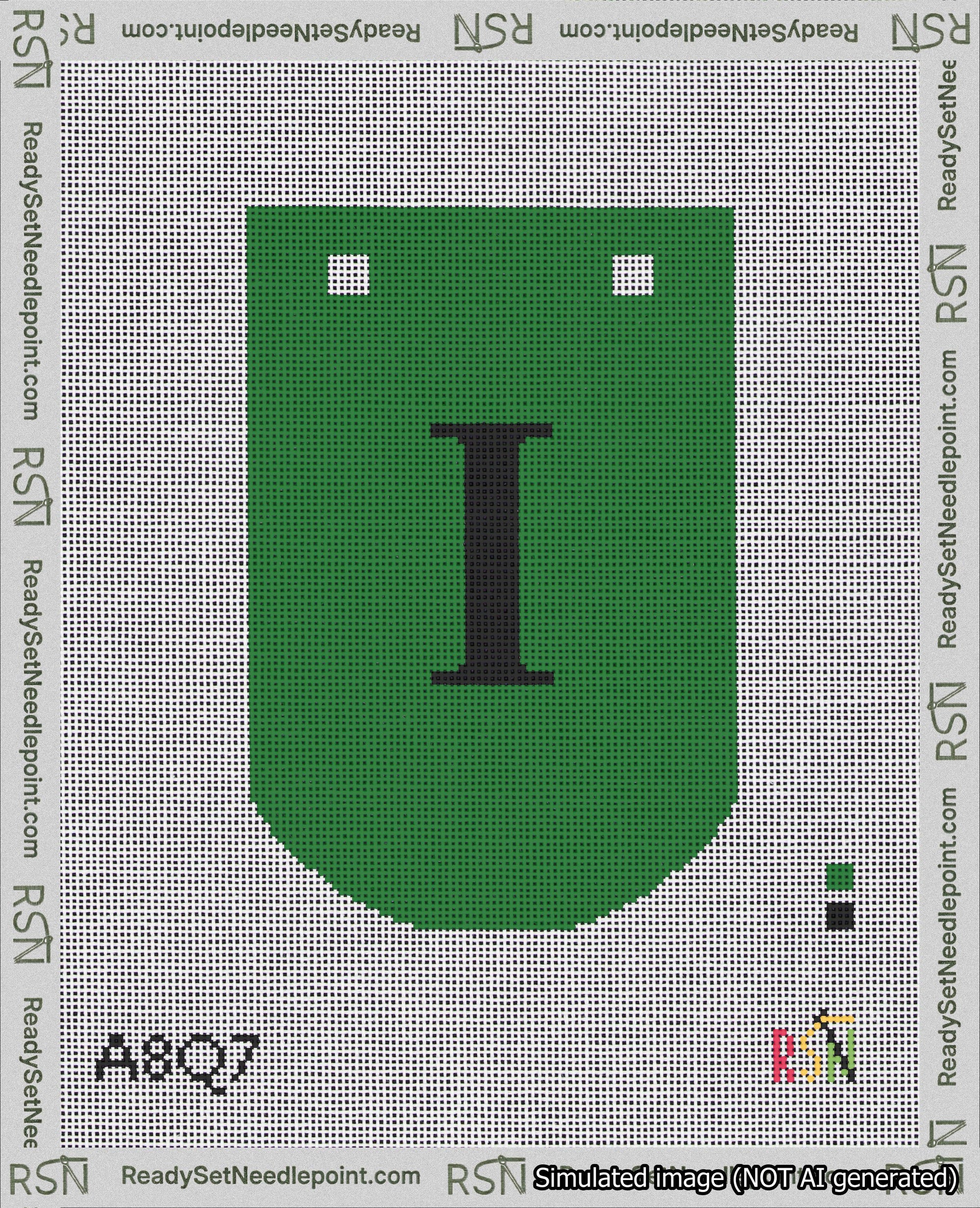 A taped needlepoint canvas with the design: Banner 18 mesh count Curved I Black on Green.
