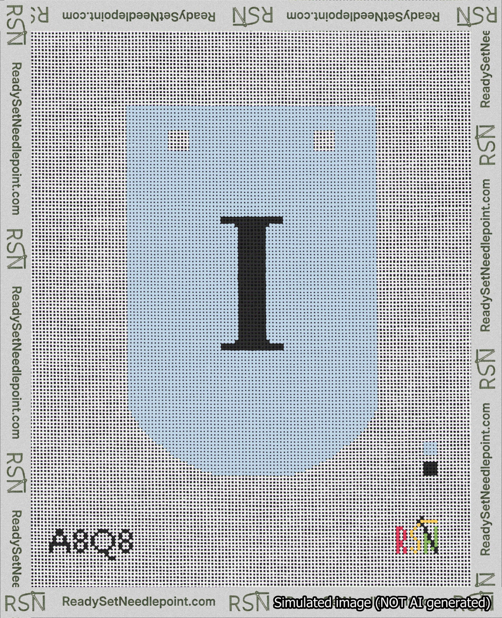 A taped needlepoint canvas with the design: Banner 18 mesh count Curved I Black on Light Blue.