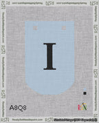 A taped needlepoint canvas with the design: Banner 18 mesh count Curved I Black on Light Blue.