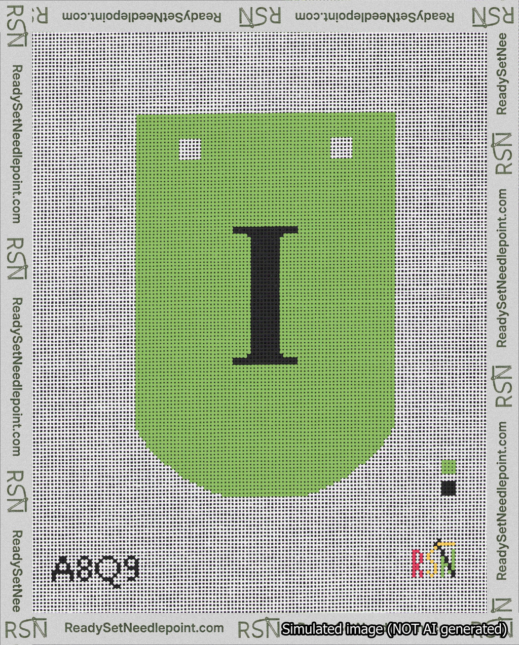 A taped needlepoint canvas with the design: Banner 18 mesh count Curved I Black on Light Green.