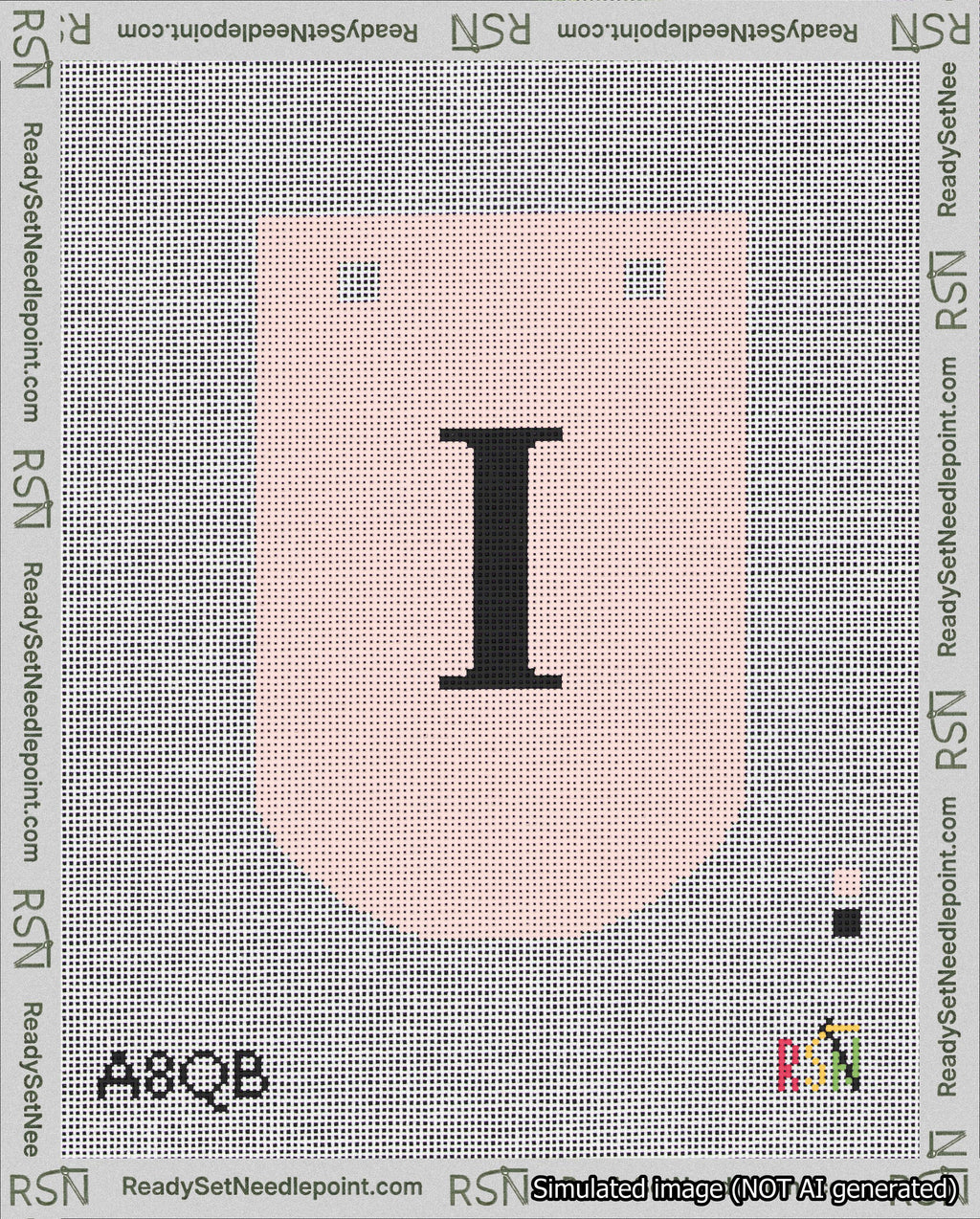 A taped needlepoint canvas with the design: Banner 18 mesh count Curved I Black on Pink.
