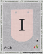 A taped needlepoint canvas with the design: Banner 18 mesh count Curved I Black on Pink.