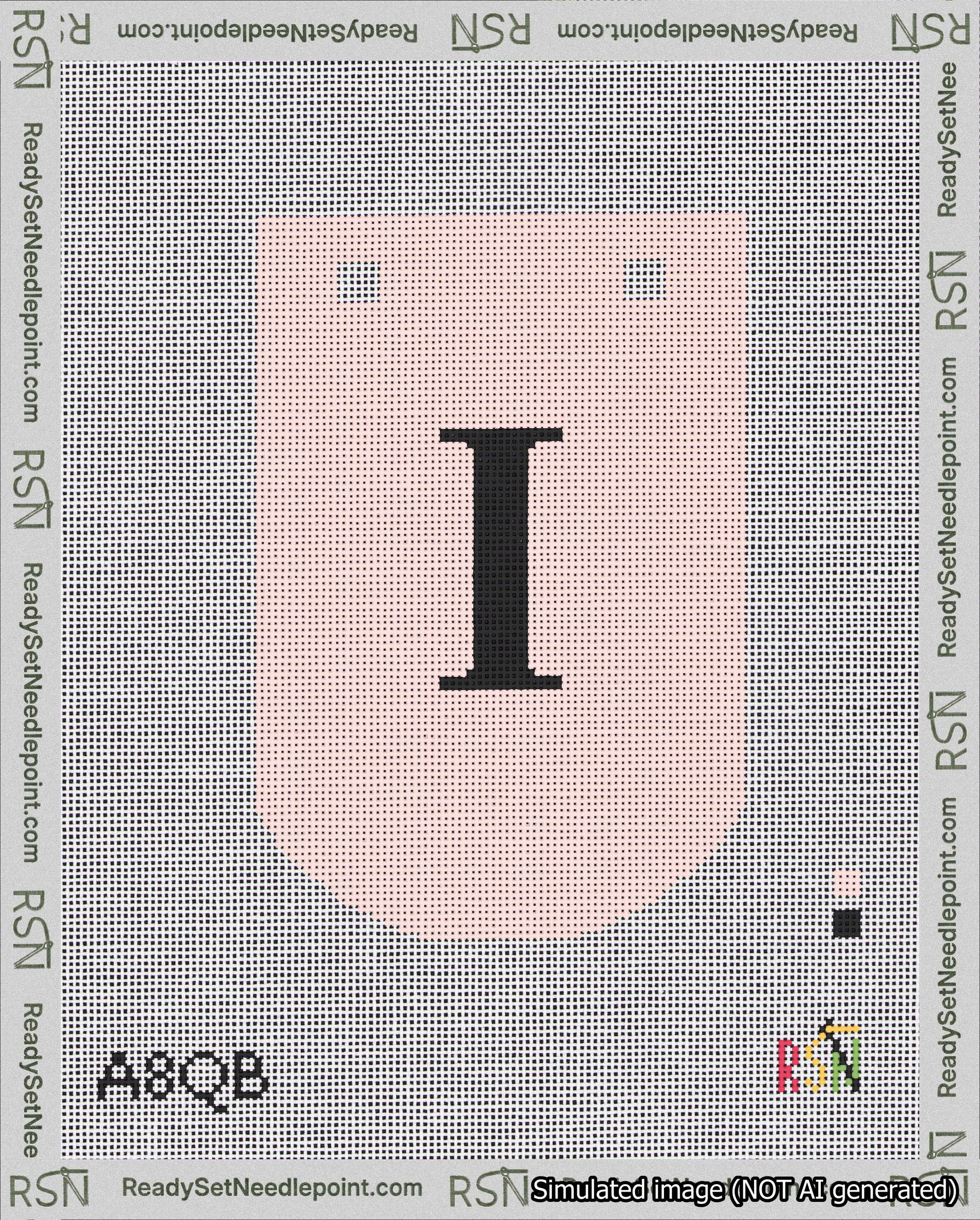 A taped needlepoint canvas with the design: Banner 18 mesh count Curved I Black on Pink.