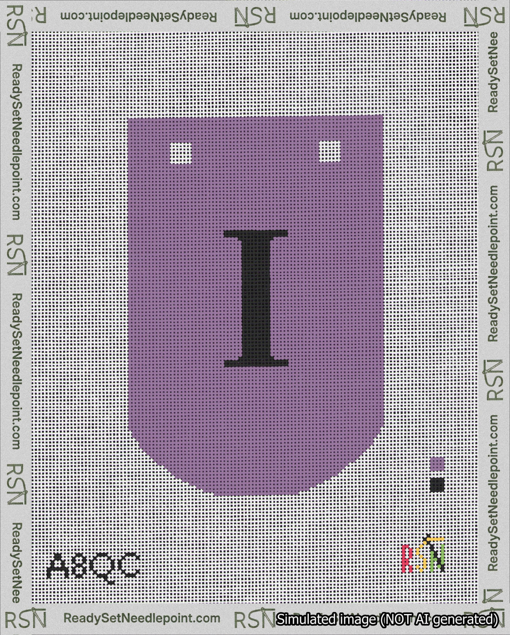 A taped needlepoint canvas with the design: Banner 18 mesh count Curved I Black on Purple.