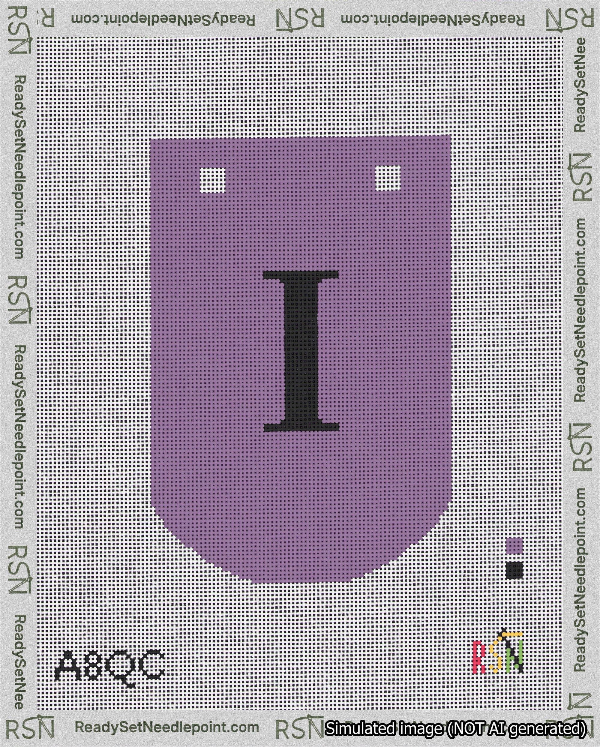 A taped needlepoint canvas with the design: Banner 18 mesh count Curved I Black on Purple.