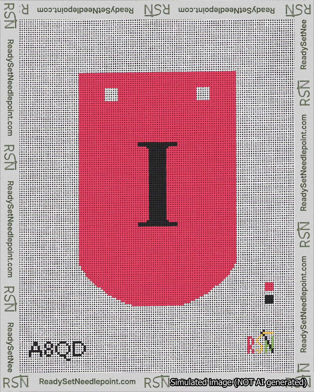 A taped needlepoint canvas with the design: Banner 18 mesh count Curved I Black on Red.