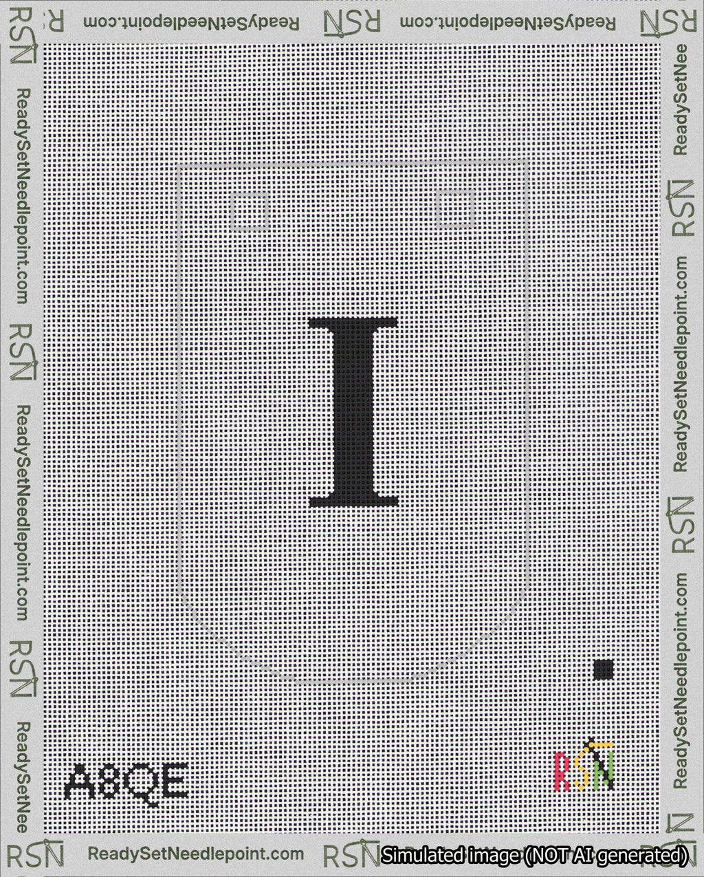 A taped needlepoint canvas with the design: Banner 18 mesh count Curved I Black on White.