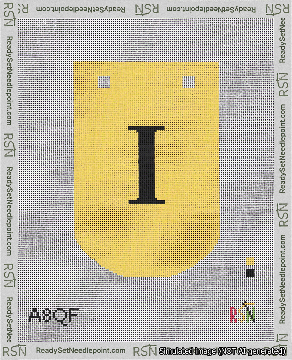 A taped needlepoint canvas with the design: Banner 18 mesh count Curved I Black on Yellow.
