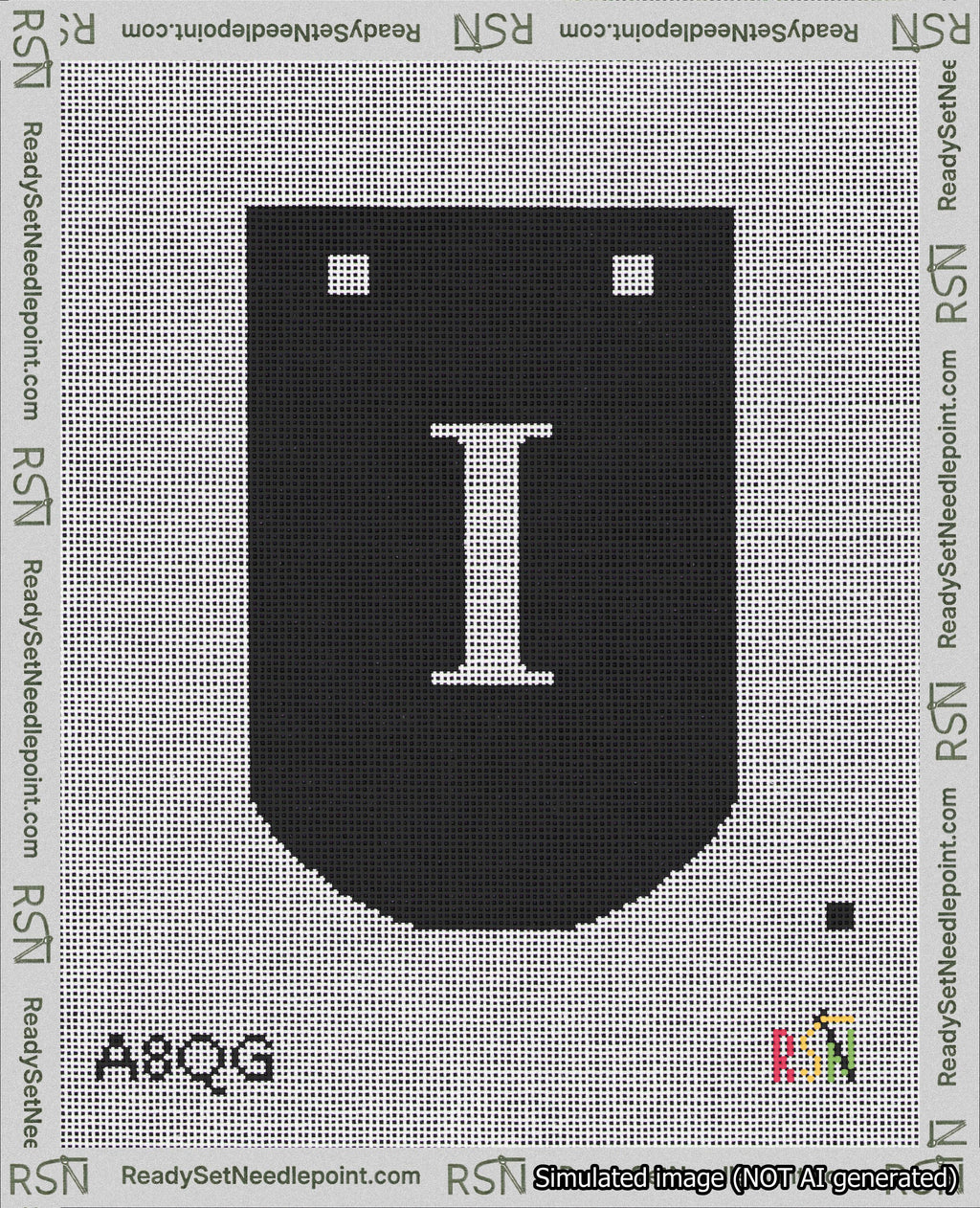 A taped needlepoint canvas with the design: Banner 18 mesh count Curved I White on Black.