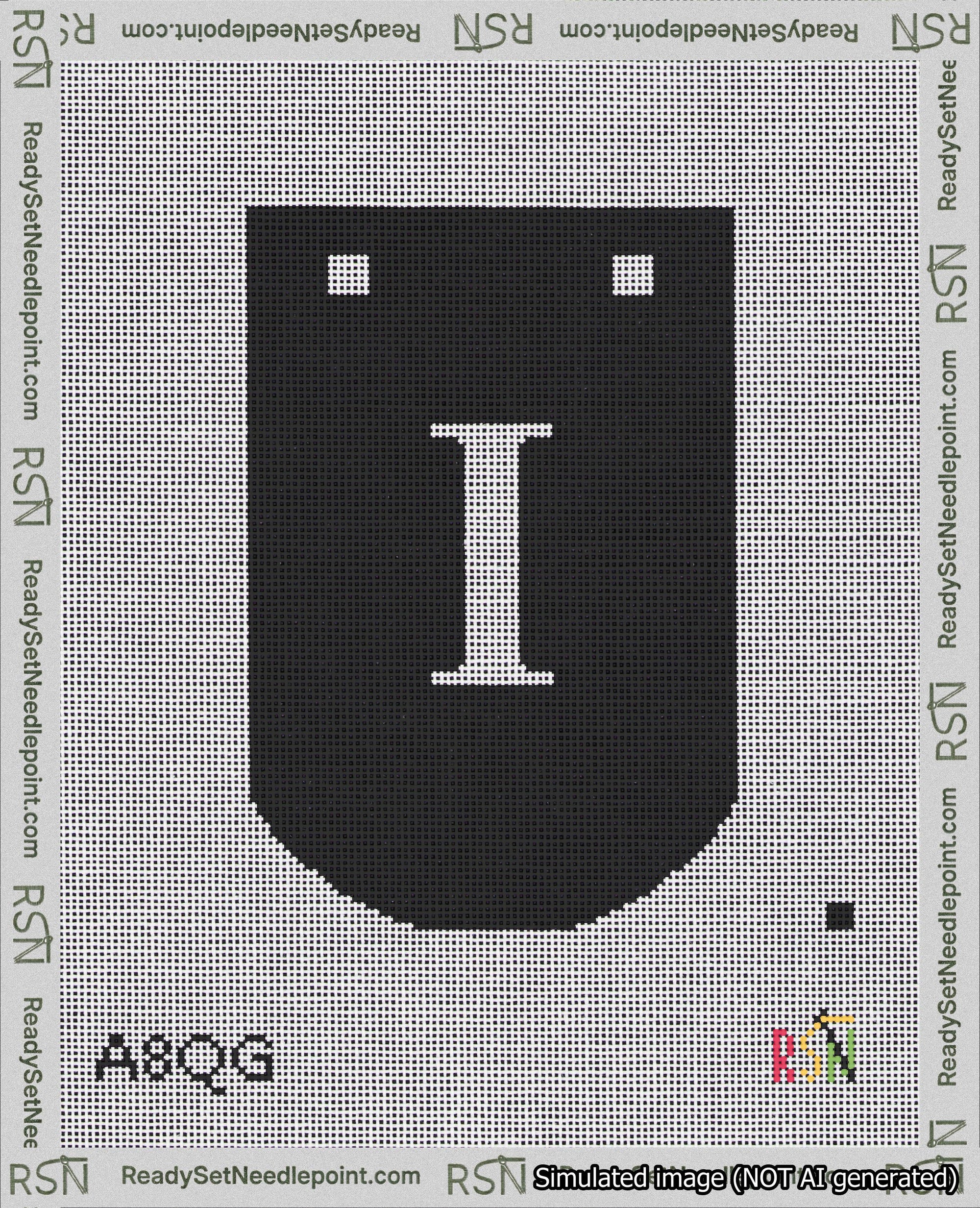 A taped needlepoint canvas with the design: Banner 18 mesh count Curved I White on Black.