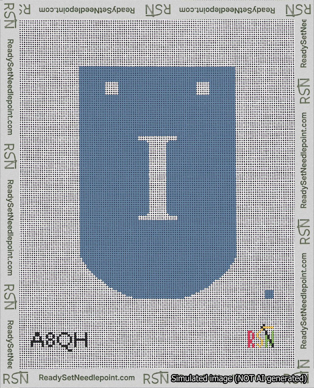 A taped needlepoint canvas with the design: Banner 18 mesh count Curved I White on Blue.